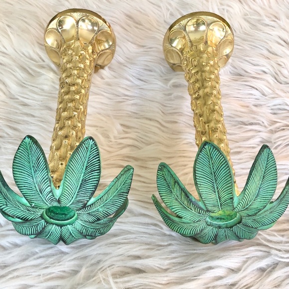 Vintage | Palm Tree Taper Candleholders Green Gold PAIR Preppy Palm Beach - Picture 5 of 8